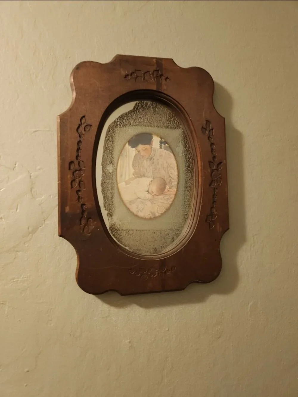 Antique 1930s Floral Etched Mirror Carved Wooden Frame